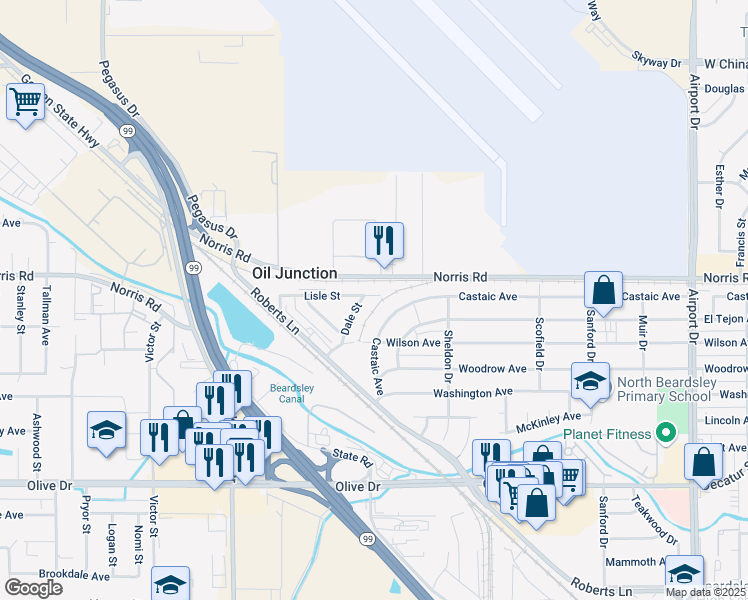 map of restaurants, bars, coffee shops, grocery stores, and more near 1500 Lisle Street in Bakersfield
