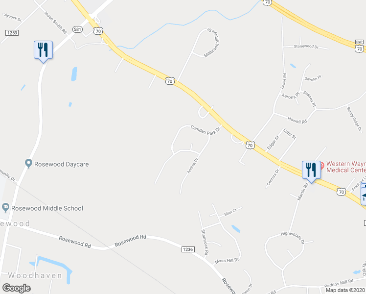 map of restaurants, bars, coffee shops, grocery stores, and more near 107 Nottingham Drive in Goldsboro