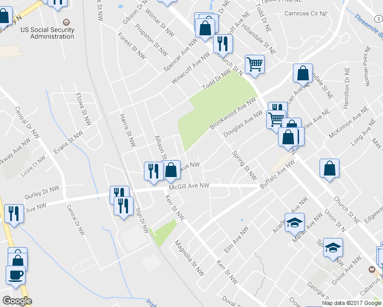 map of restaurants, bars, coffee shops, grocery stores, and more near 475 Saint James Street Northwest in Concord