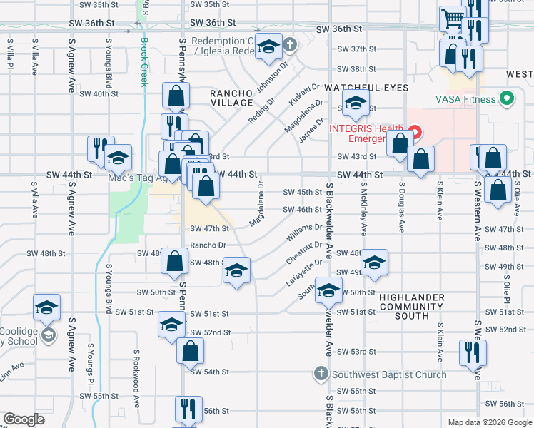 map of restaurants, bars, coffee shops, grocery stores, and more near 1500 Southwest 45th Street in Oklahoma City