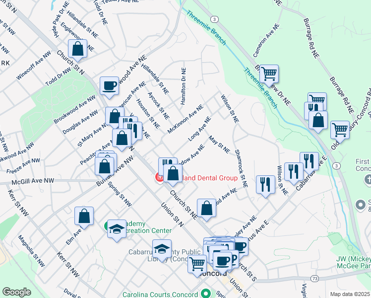 map of restaurants, bars, coffee shops, grocery stores, and more near 96 Long Avenue Northeast in Concord