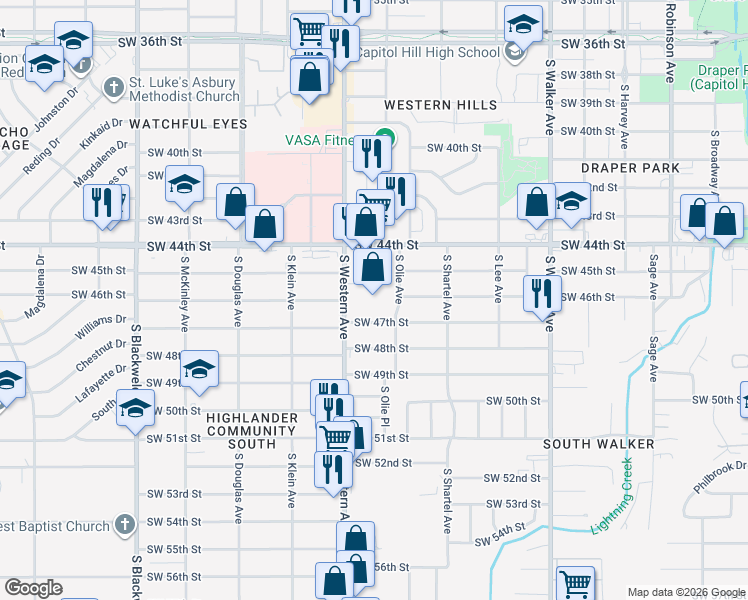 map of restaurants, bars, coffee shops, grocery stores, and more near 800 Southwest 44th Street in Oklahoma City