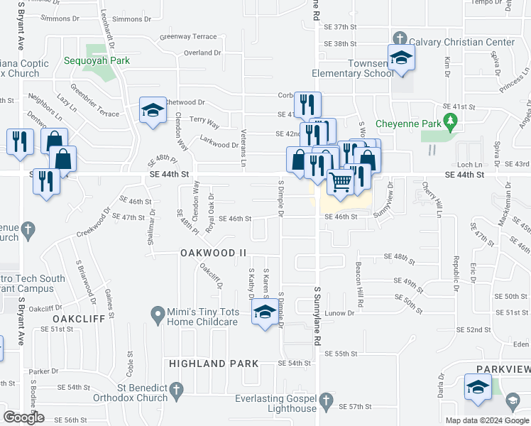 map of restaurants, bars, coffee shops, grocery stores, and more near 4101 Southeast 46th Street in Oklahoma City