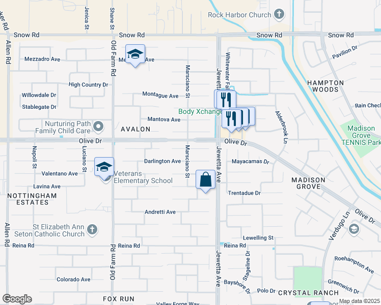 map of restaurants, bars, coffee shops, grocery stores, and more near 11412 Summit Point Court in Bakersfield