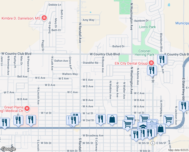 map of restaurants, bars, coffee shops, grocery stores, and more near 908 North Howard Avenue in Elk City