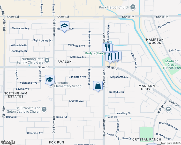 map of restaurants, bars, coffee shops, grocery stores, and more near 11412 Summit Point Court in Bakersfield
