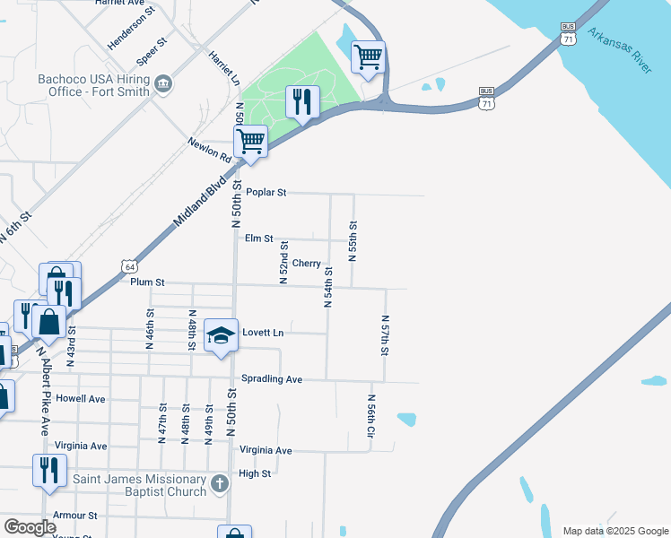 map of restaurants, bars, coffee shops, grocery stores, and more near 4208 North 54th Street in Fort Smith