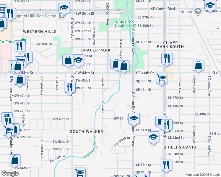map of restaurants, bars, coffee shops, grocery stores, and more near 204 Southwest 45th Street in Oklahoma City