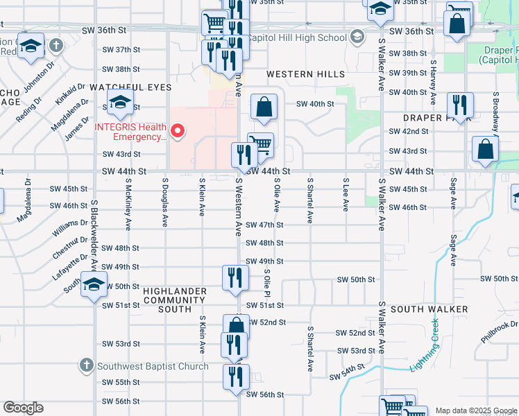 map of restaurants, bars, coffee shops, grocery stores, and more near 800 SW 44th St in Oklahoma City