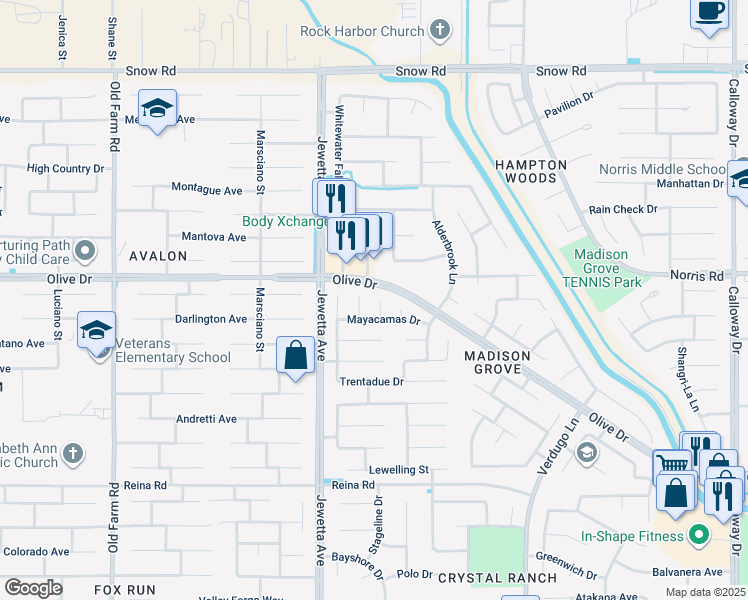 map of restaurants, bars, coffee shops, grocery stores, and more near 6513 Nichelini Court in Bakersfield