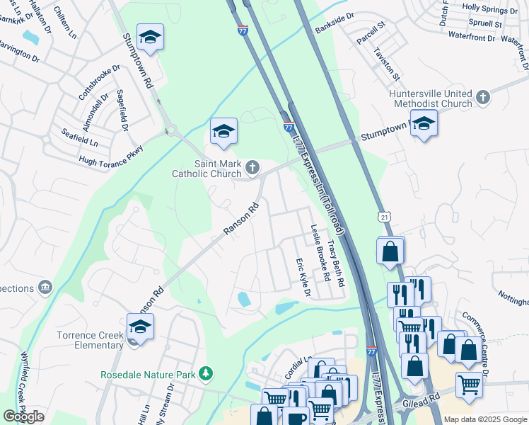 map of restaurants, bars, coffee shops, grocery stores, and more near 13707 Shiella Caruth Drive in Huntersville