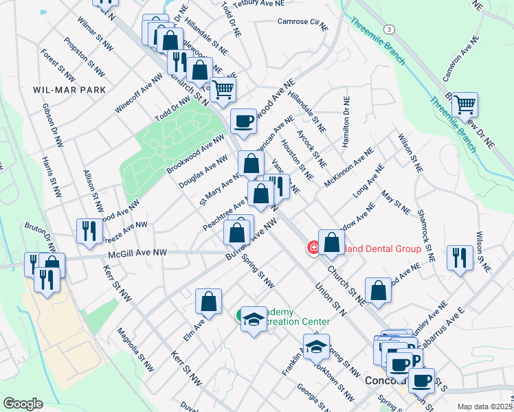 map of restaurants, bars, coffee shops, grocery stores, and more near 1 Buffalo Avenue Northwest in Concord
