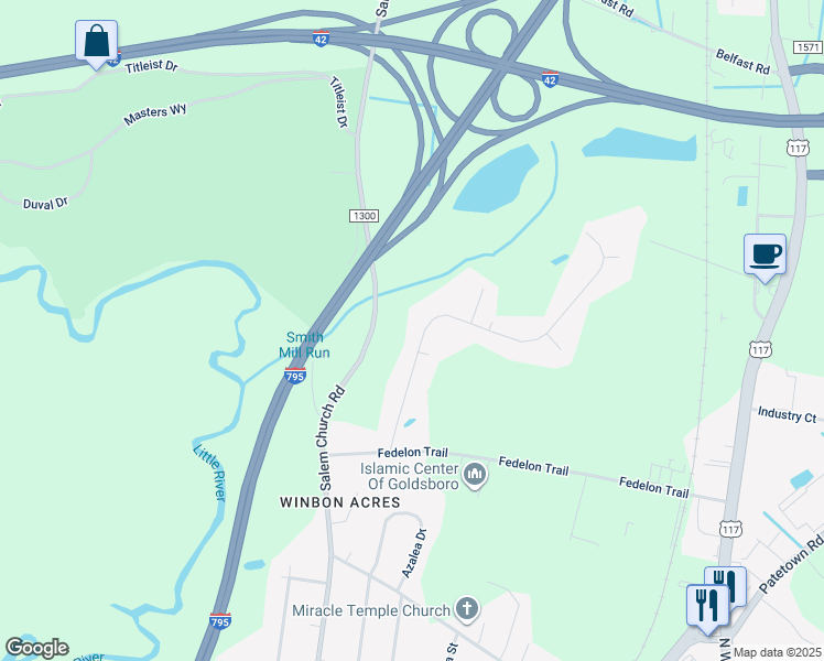map of restaurants, bars, coffee shops, grocery stores, and more near 2201 Granville Drive in Goldsboro