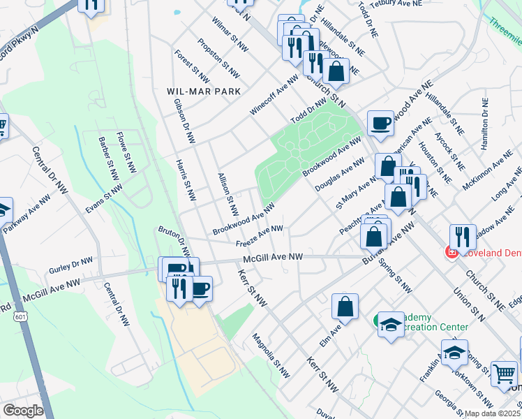 map of restaurants, bars, coffee shops, grocery stores, and more near 130 Brookwood Avenue Northwest in Concord