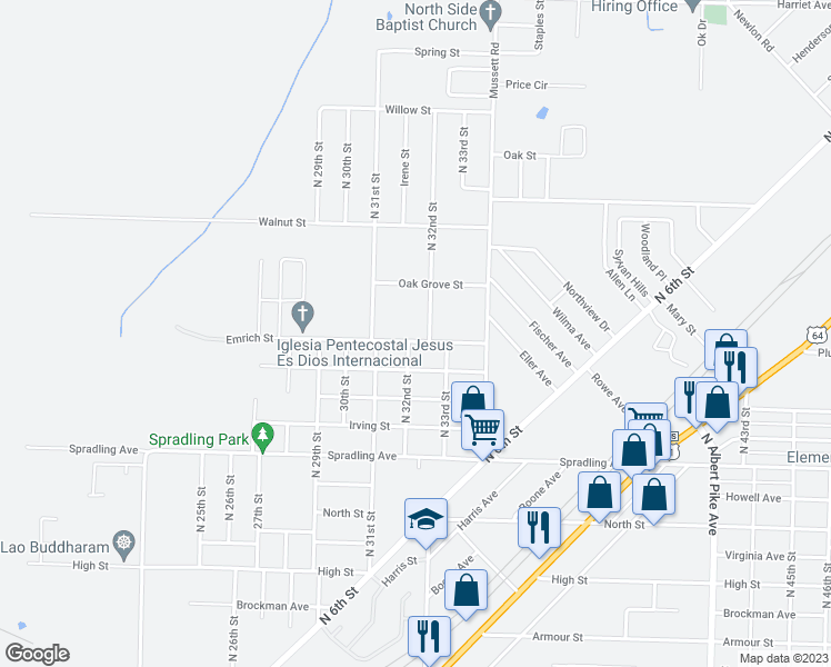 map of restaurants, bars, coffee shops, grocery stores, and more near 3207 Emrich Street in Fort Smith