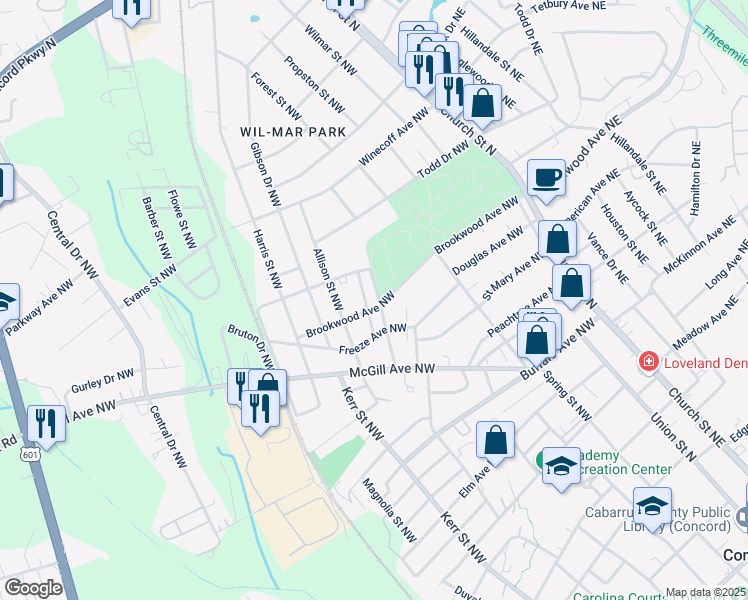 map of restaurants, bars, coffee shops, grocery stores, and more near 132 Brookwood Avenue Northwest in Concord