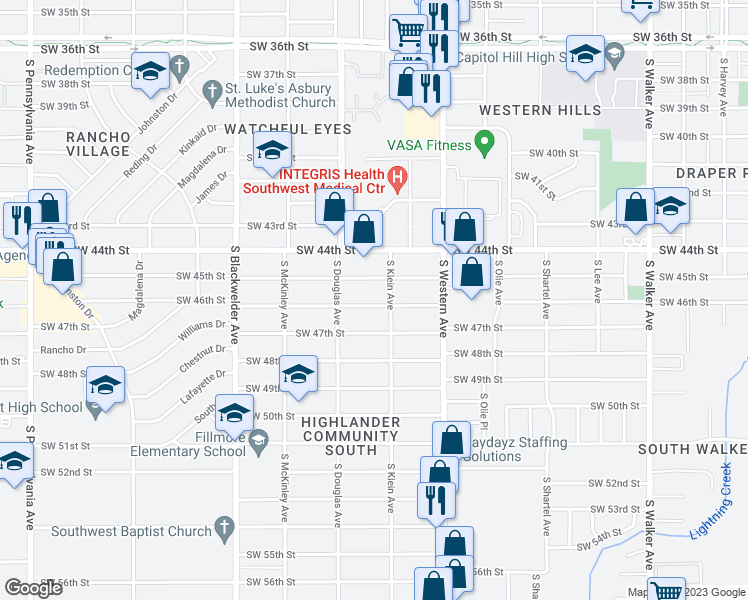 map of restaurants, bars, coffee shops, grocery stores, and more near 1013 Southwest 46th Street in Oklahoma City