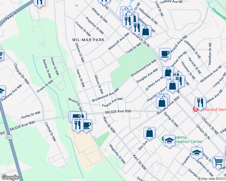 map of restaurants, bars, coffee shops, grocery stores, and more near 134 Brookwood Avenue Northwest in Concord