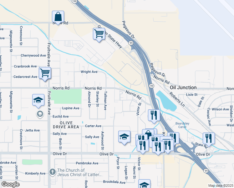 map of restaurants, bars, coffee shops, grocery stores, and more near 6528 Mohawk Street in Bakersfield
