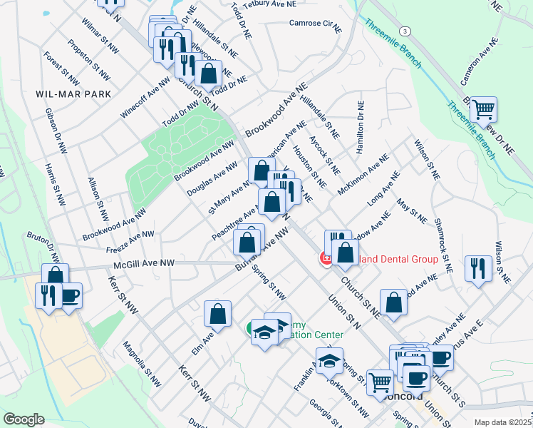 map of restaurants, bars, coffee shops, grocery stores, and more near 1 Buffalo Avenue Northwest in Concord