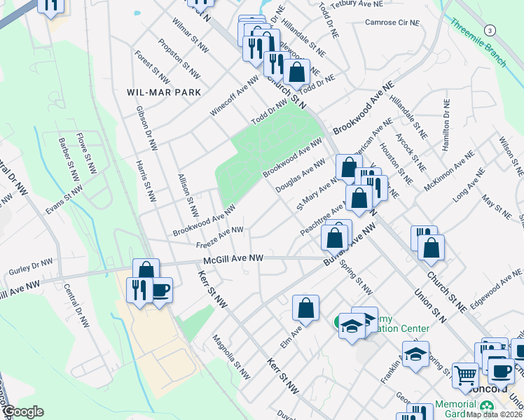 map of restaurants, bars, coffee shops, grocery stores, and more near 98 Freeze Avenue Northwest in Concord