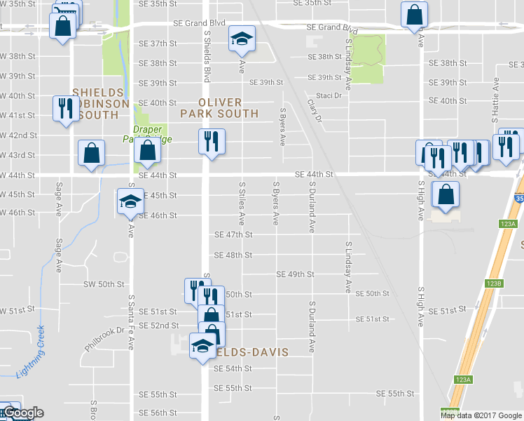 map of restaurants, bars, coffee shops, grocery stores, and more near 326 Southeast 45th Street in Oklahoma City