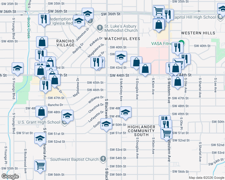 map of restaurants, bars, coffee shops, grocery stores, and more near 1240 Southwest 45th Street in Oklahoma City