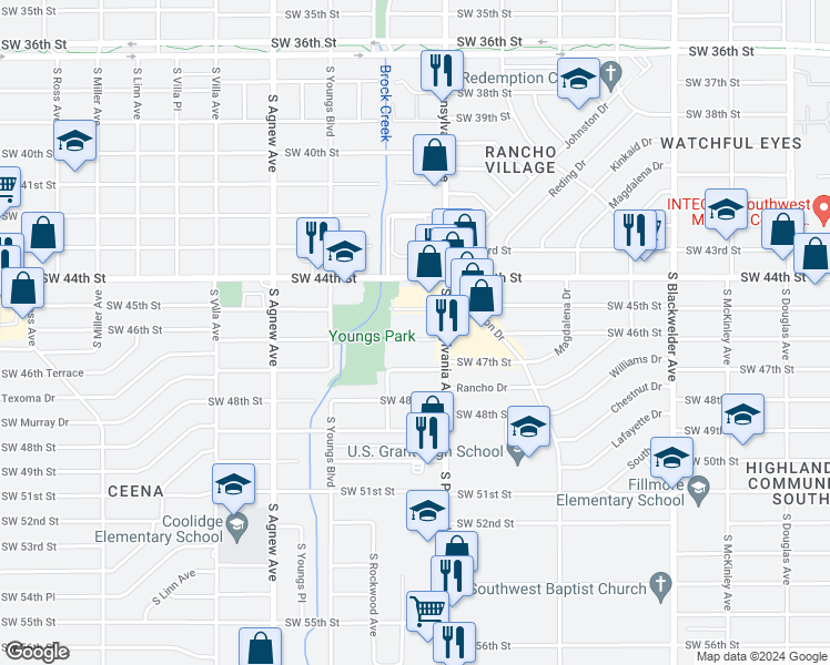 map of restaurants, bars, coffee shops, grocery stores, and more near 2134 Southwest 45th Street in Oklahoma City