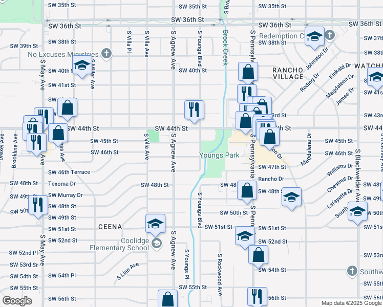 map of restaurants, bars, coffee shops, grocery stores, and more near 2300 Southwest 45th Street in Oklahoma City