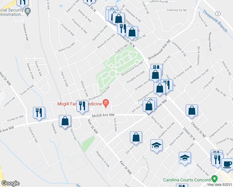 map of restaurants, bars, coffee shops, grocery stores, and more near 120 Freeze Avenue Northwest in Concord