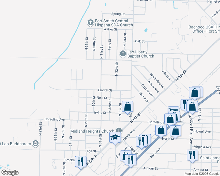 map of restaurants, bars, coffee shops, grocery stores, and more near 4210 North 31st Street in Fort Smith