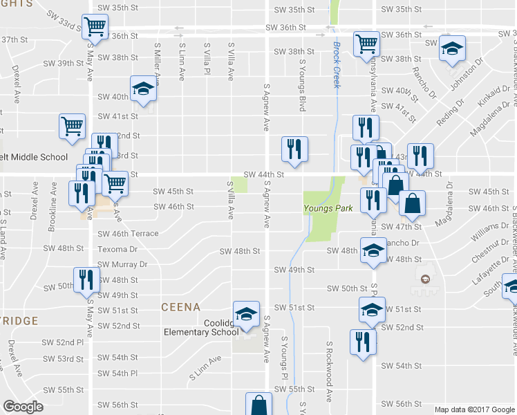 map of restaurants, bars, coffee shops, grocery stores, and more near 2409 Southwest 46th Street in Oklahoma City