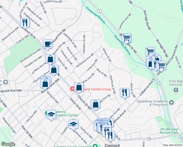 map of restaurants, bars, coffee shops, grocery stores, and more near 123 Meadow Avenue Northeast in Concord