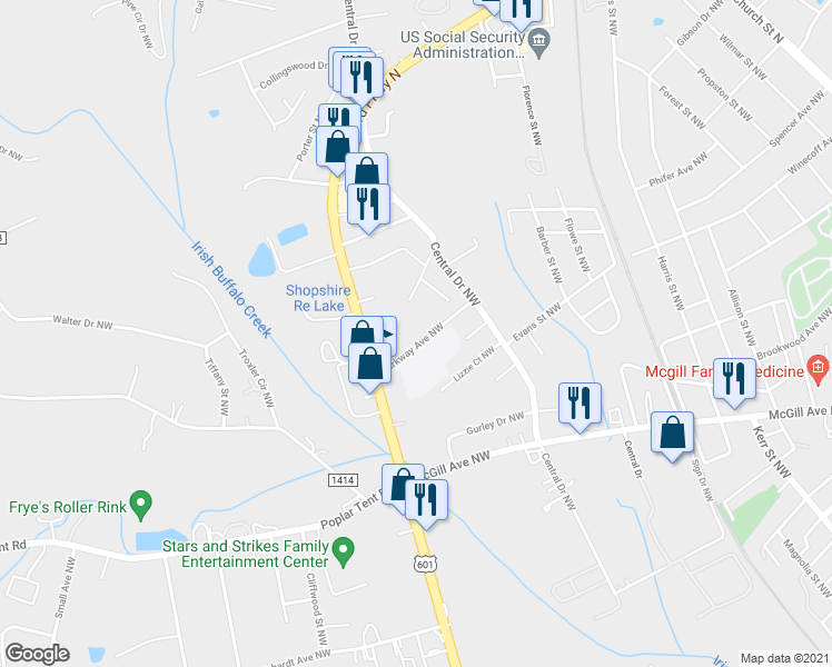 map of restaurants, bars, coffee shops, grocery stores, and more near 230 Parkway Avenue Northwest in Concord