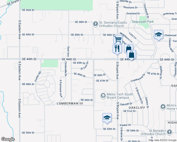 map of restaurants, bars, coffee shops, grocery stores, and more near 2705 Southeast 45th Street in Oklahoma City