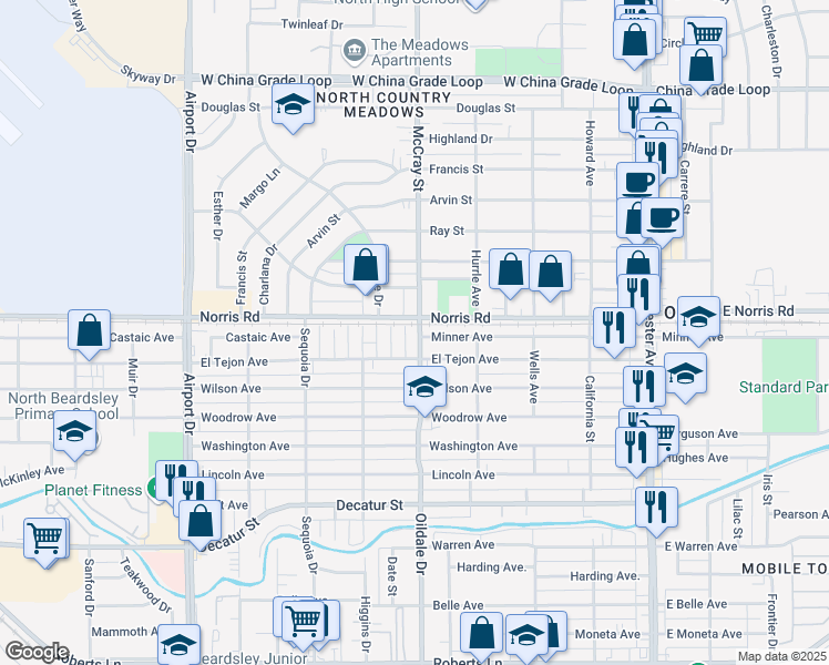 map of restaurants, bars, coffee shops, grocery stores, and more near 1401 Oildale Drive in Bakersfield
