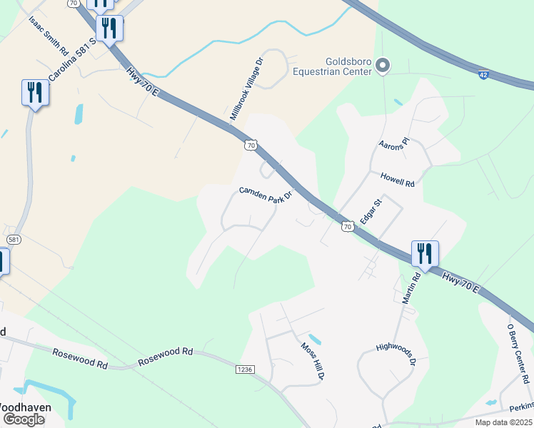 map of restaurants, bars, coffee shops, grocery stores, and more near 202 Camden Park Dr in Goldsboro