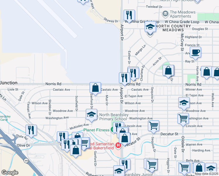 map of restaurants, bars, coffee shops, grocery stores, and more near 918 Castaic Avenue in Bakersfield