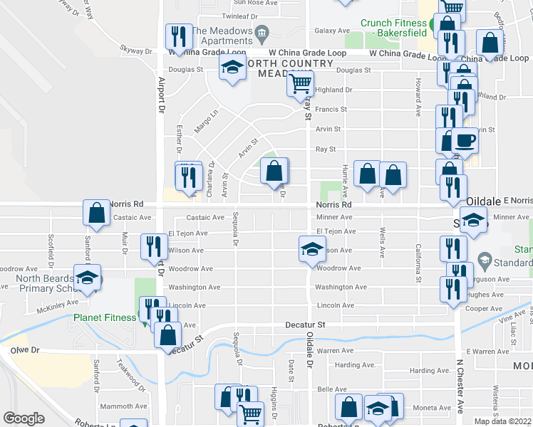 map of restaurants, bars, coffee shops, grocery stores, and more near 604 Norris Road in Bakersfield