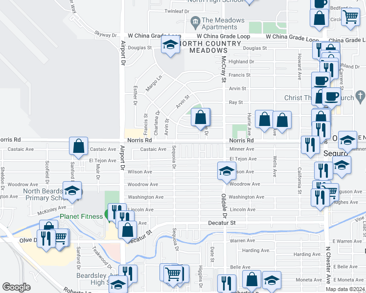 map of restaurants, bars, coffee shops, grocery stores, and more near 622 Norris Road in Bakersfield