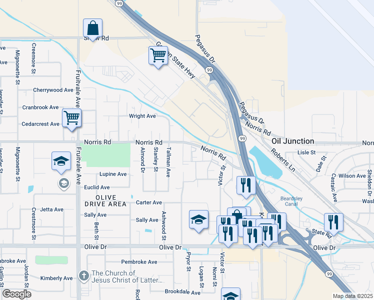 map of restaurants, bars, coffee shops, grocery stores, and more near 6528 Mohawk Street in Bakersfield