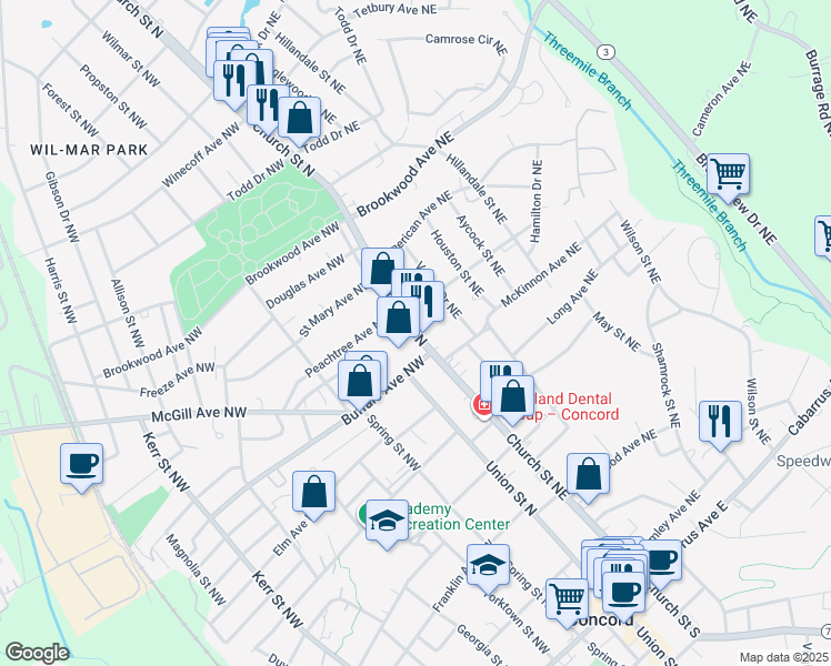 map of restaurants, bars, coffee shops, grocery stores, and more near 318 Church Street North in Concord