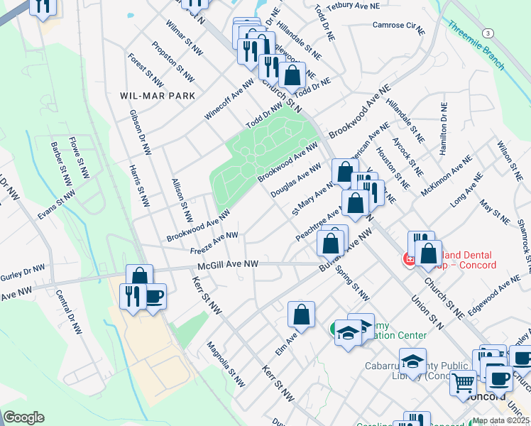 map of restaurants, bars, coffee shops, grocery stores, and more near 98 Freeze Avenue Northwest in Concord