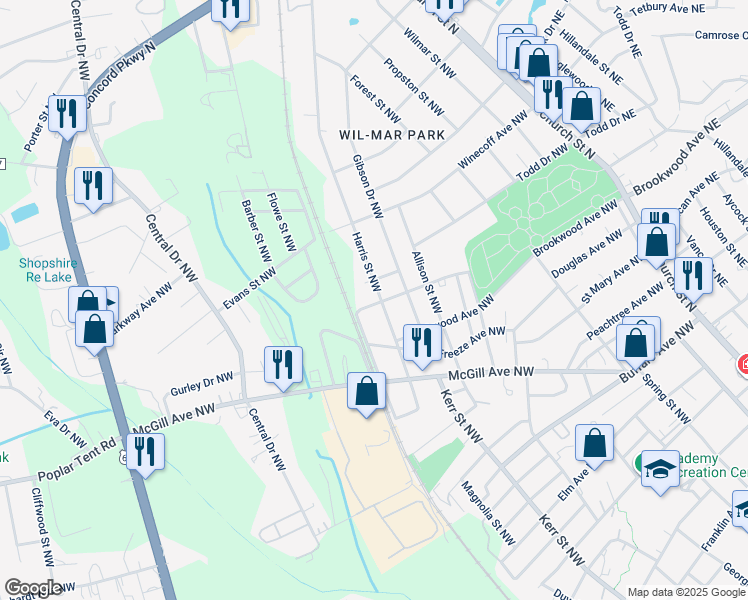 map of restaurants, bars, coffee shops, grocery stores, and more near 555 Harris Street Northwest in Concord
