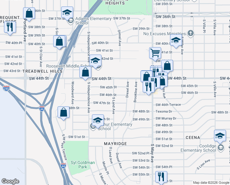 map of restaurants, bars, coffee shops, grocery stores, and more near 3128 Southwest 45th Street in Oklahoma City