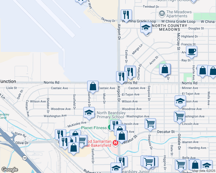 map of restaurants, bars, coffee shops, grocery stores, and more near 962 Norris Road in Bakersfield