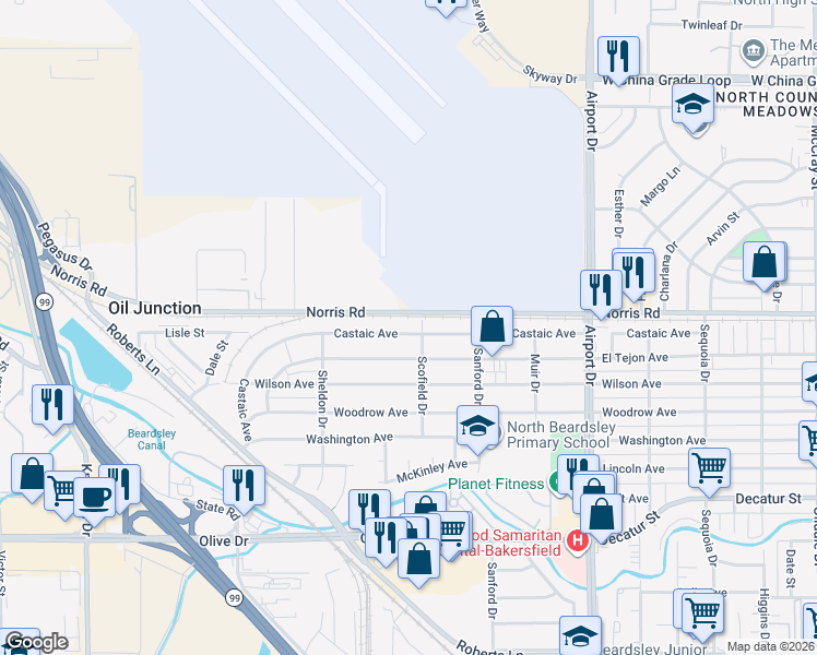 map of restaurants, bars, coffee shops, grocery stores, and more near 1204 Castaic Avenue in Bakersfield