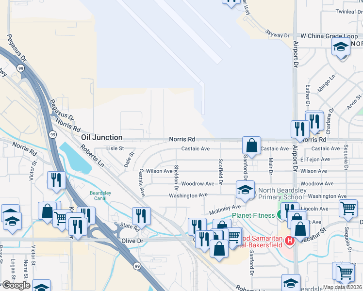 map of restaurants, bars, coffee shops, grocery stores, and more near 1238 Castaic Avenue in Bakersfield