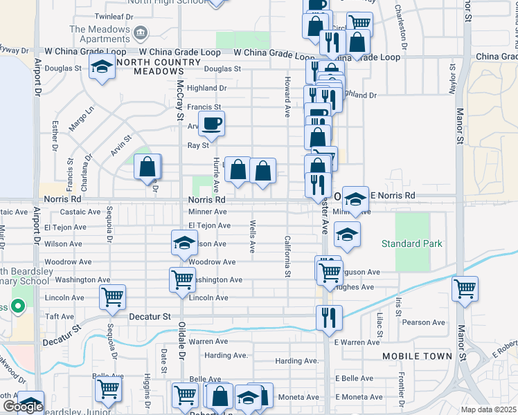 map of restaurants, bars, coffee shops, grocery stores, and more near 200 Norris Road in Bakersfield