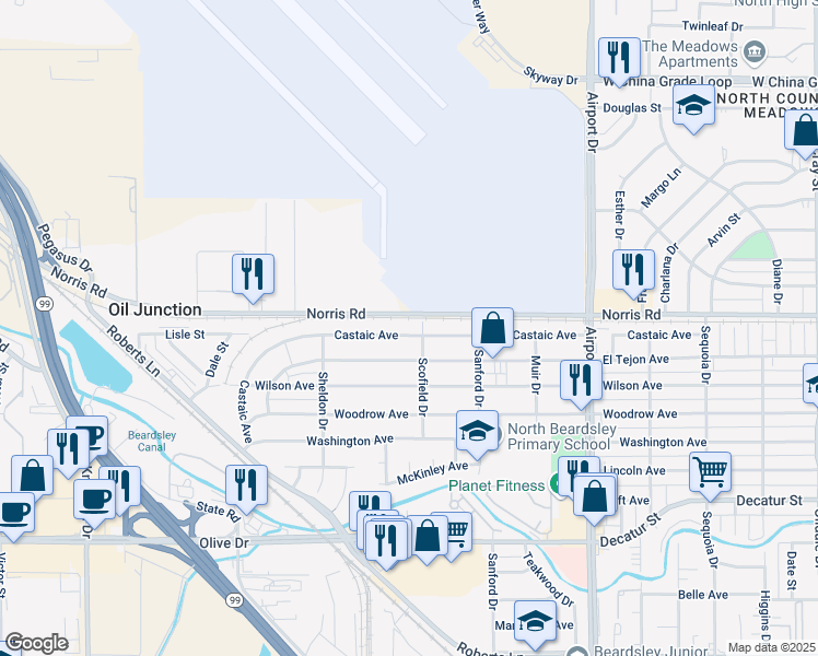 map of restaurants, bars, coffee shops, grocery stores, and more near 1204 Castaic Avenue in Bakersfield